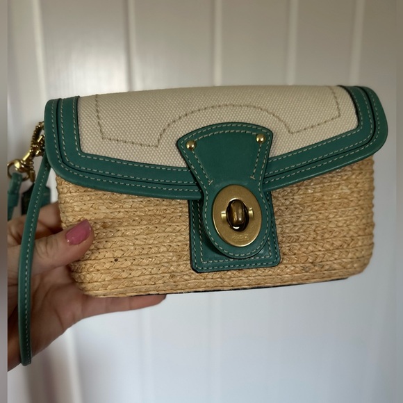 Coach Turnlock Straw and Canvas Clutch, blue/nude, small - Picture 2 of 8